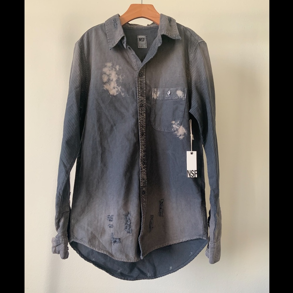 NWT NSF Barra Striped Distressed Button Up Shirt